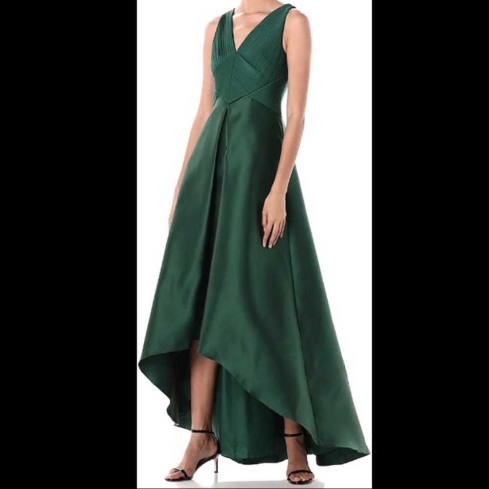 Adrianna Papell Green Pleated Hi-Low Mikado Gown 6